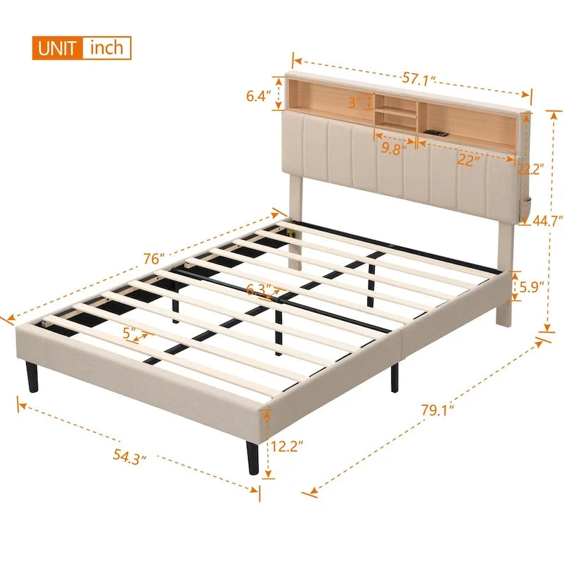Letto a piattaforma imbottito beige/grigio con testiera contenitore – Matrimoniale/Una piazza e mezza, 1-2 persone