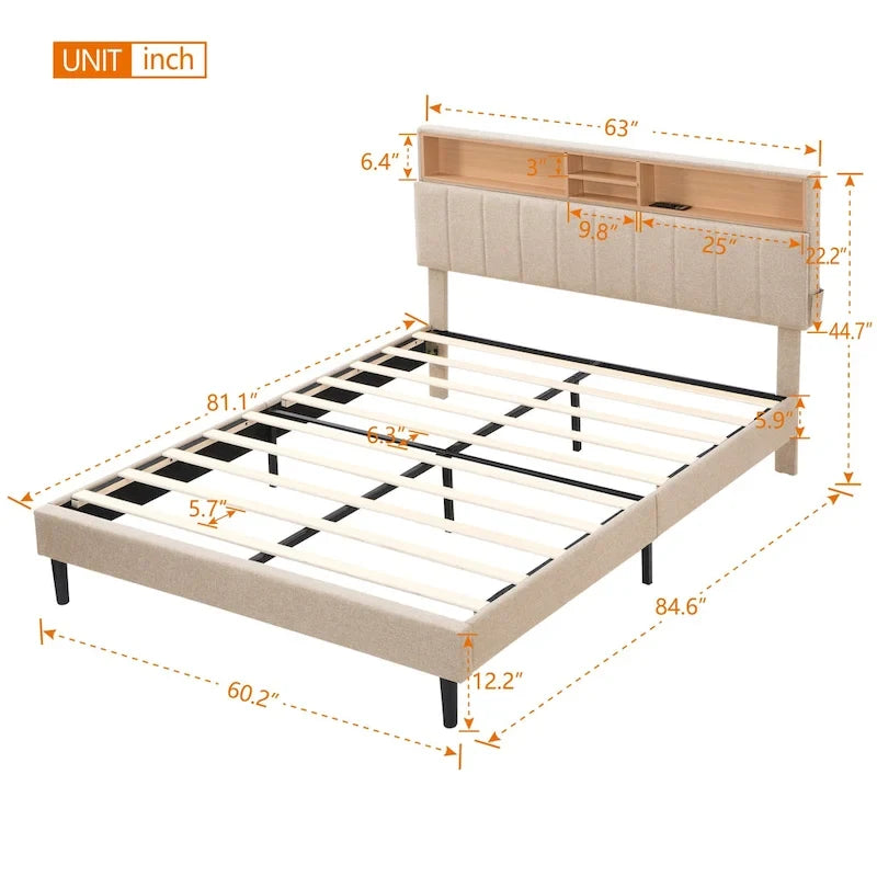 Letto a piattaforma imbottito beige/grigio con testiera contenitore – Matrimoniale/Una piazza e mezza, 1-2 persone