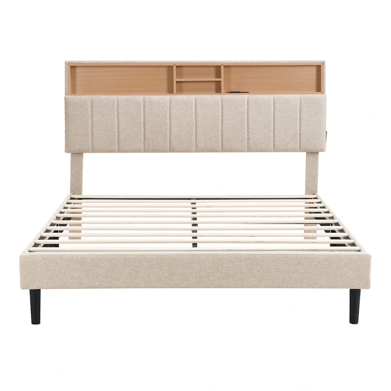 Letto a piattaforma imbottito beige/grigio con testiera contenitore – Matrimoniale/Una piazza e mezza, 1-2 persone