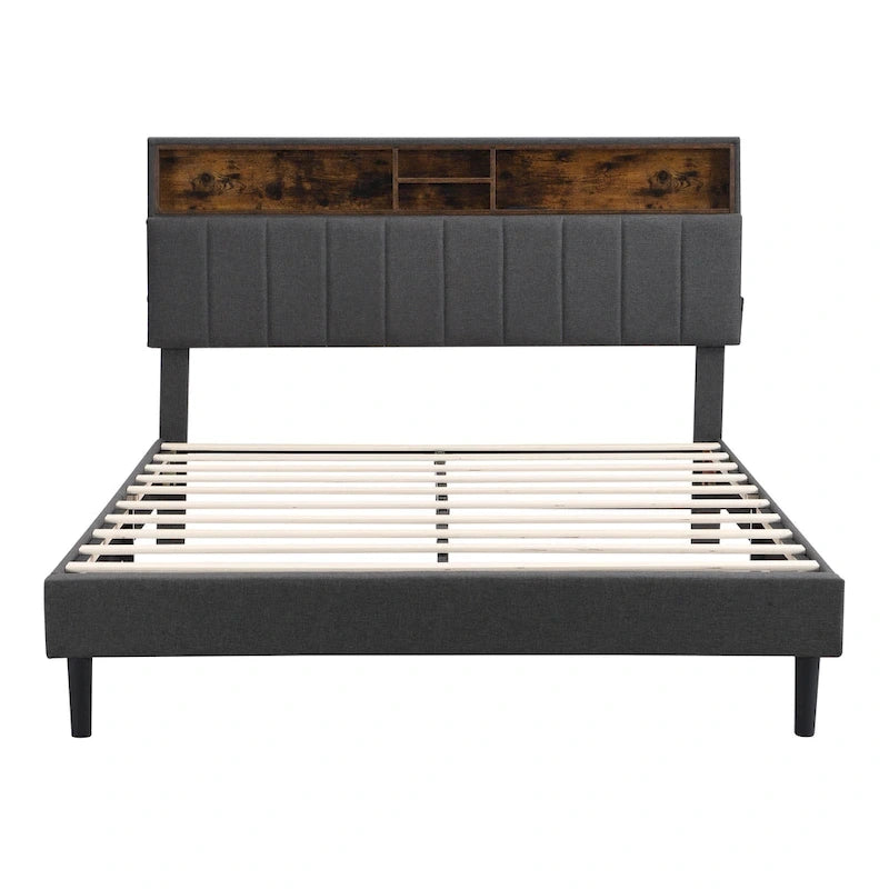Letto a piattaforma imbottito beige/grigio con testiera contenitore – Matrimoniale/Una piazza e mezza, 1-2 persone