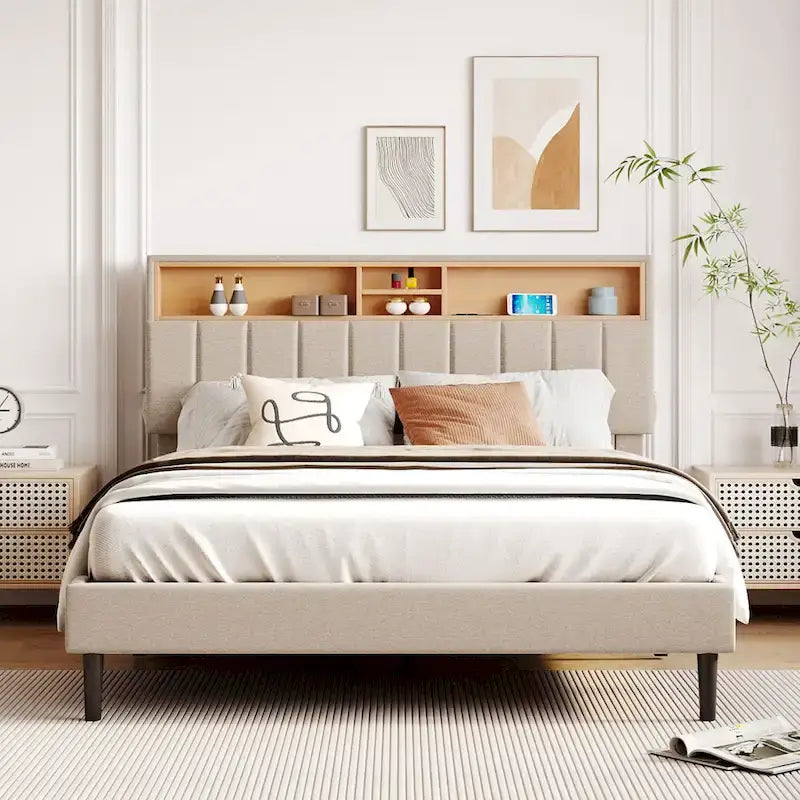 Letto a piattaforma imbottito beige/grigio con testiera contenitore – Matrimoniale/Una piazza e mezza, 1-2 persone