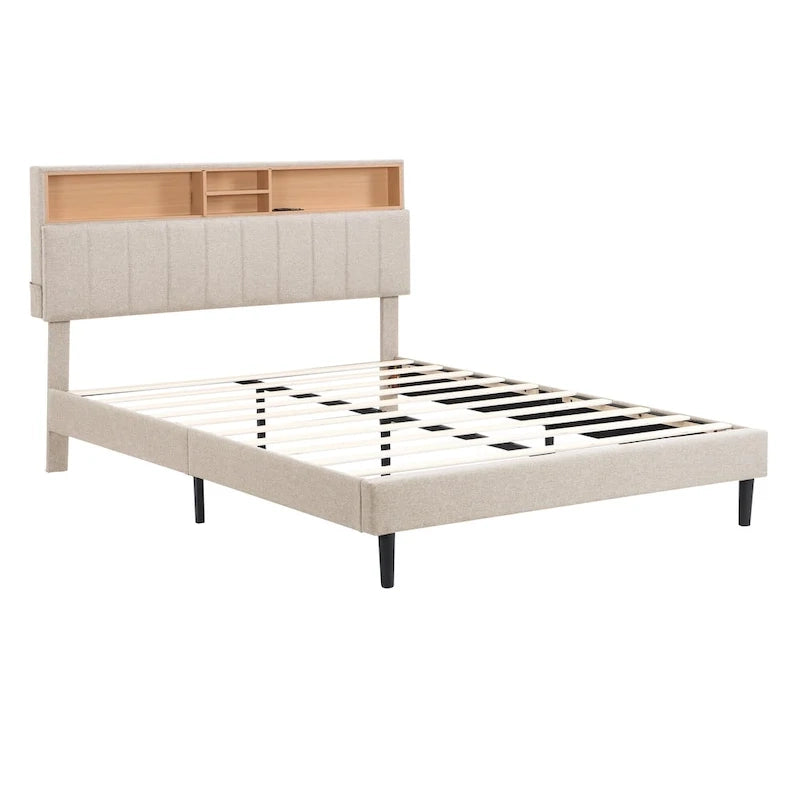 Letto a piattaforma imbottito beige/grigio con testiera contenitore – Matrimoniale/Una piazza e mezza, 1-2 persone