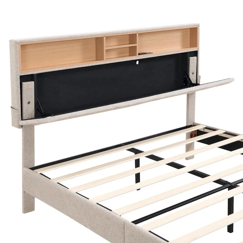 Letto a piattaforma imbottito beige/grigio con testiera contenitore – Matrimoniale/Una piazza e mezza, 1-2 persone