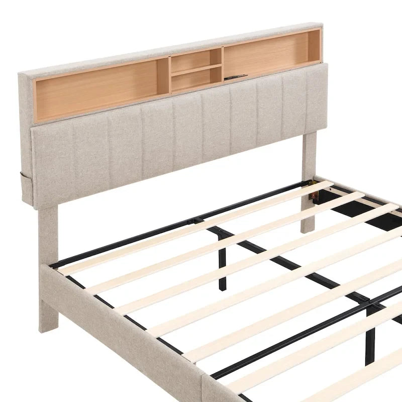 Letto a piattaforma imbottito beige/grigio con testiera contenitore – Matrimoniale/Una piazza e mezza, 1-2 persone