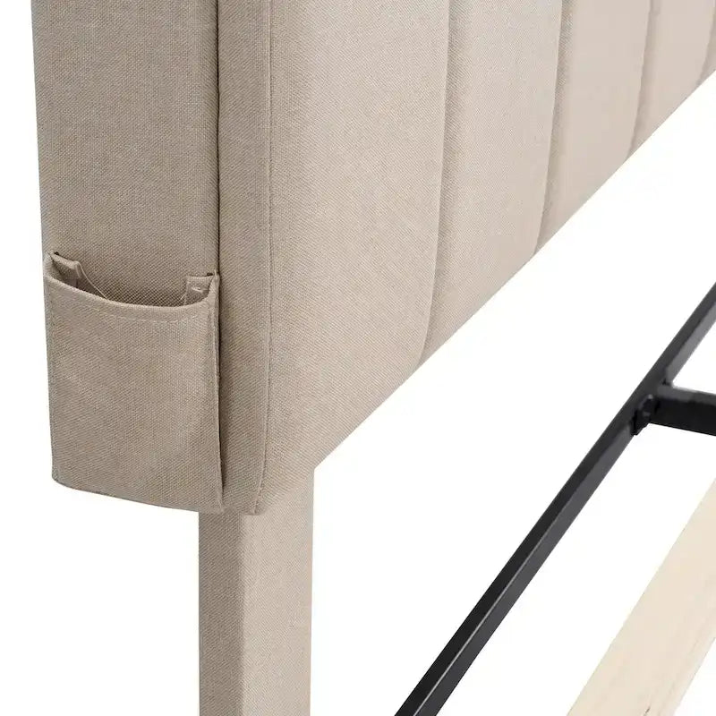 Letto a piattaforma imbottito beige/grigio con testiera contenitore – Matrimoniale/Una piazza e mezza, 1-2 persone