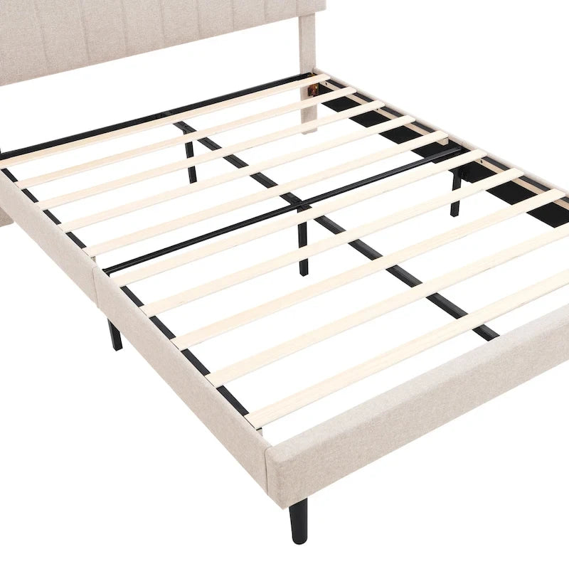Letto a piattaforma imbottito beige/grigio con testiera contenitore – Matrimoniale/Una piazza e mezza, 1-2 persone