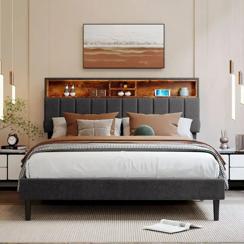 Letto a piattaforma imbottito beige/grigio con testiera contenitore – Matrimoniale/Una piazza e mezza, 1-2 persone