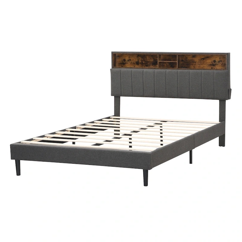 Letto a piattaforma imbottito beige/grigio con testiera contenitore – Matrimoniale/Una piazza e mezza, 1-2 persone