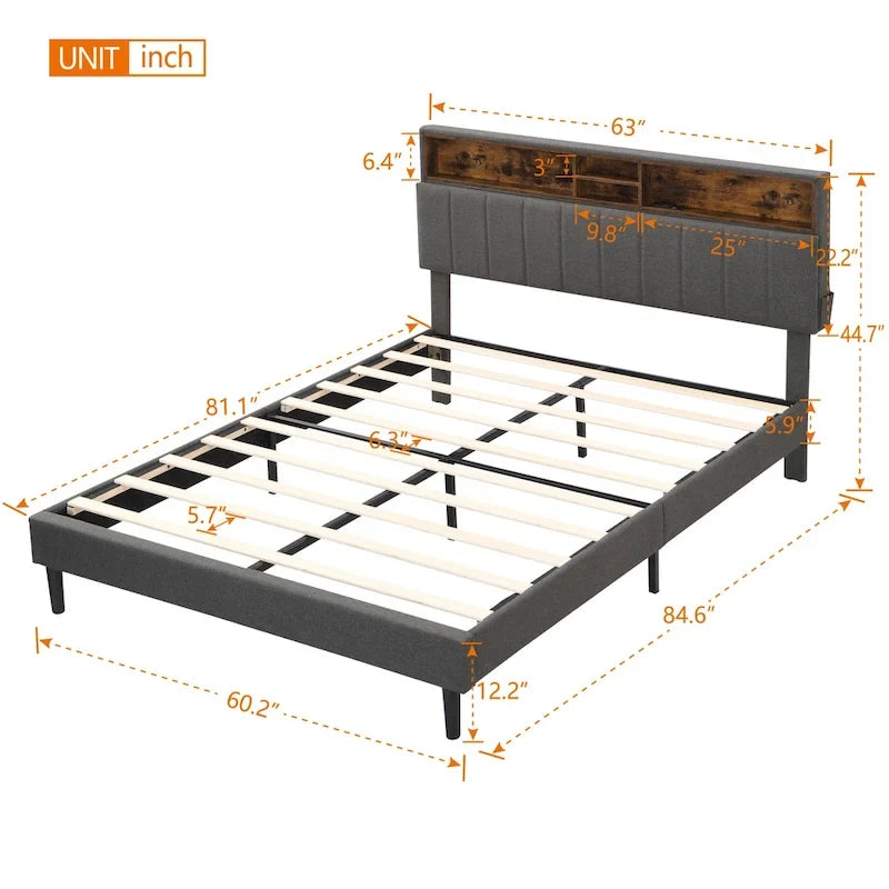 Letto a piattaforma imbottito beige/grigio con testiera contenitore – Matrimoniale/Una piazza e mezza, 1-2 persone