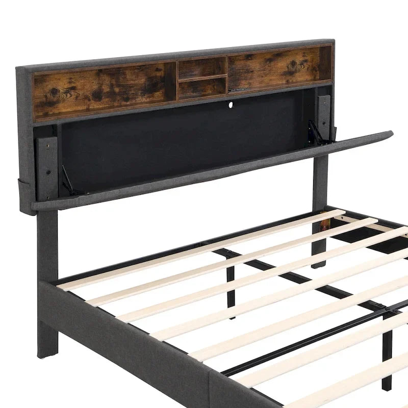 Letto a piattaforma imbottito beige/grigio con testiera contenitore – Matrimoniale/Una piazza e mezza, 1-2 persone
