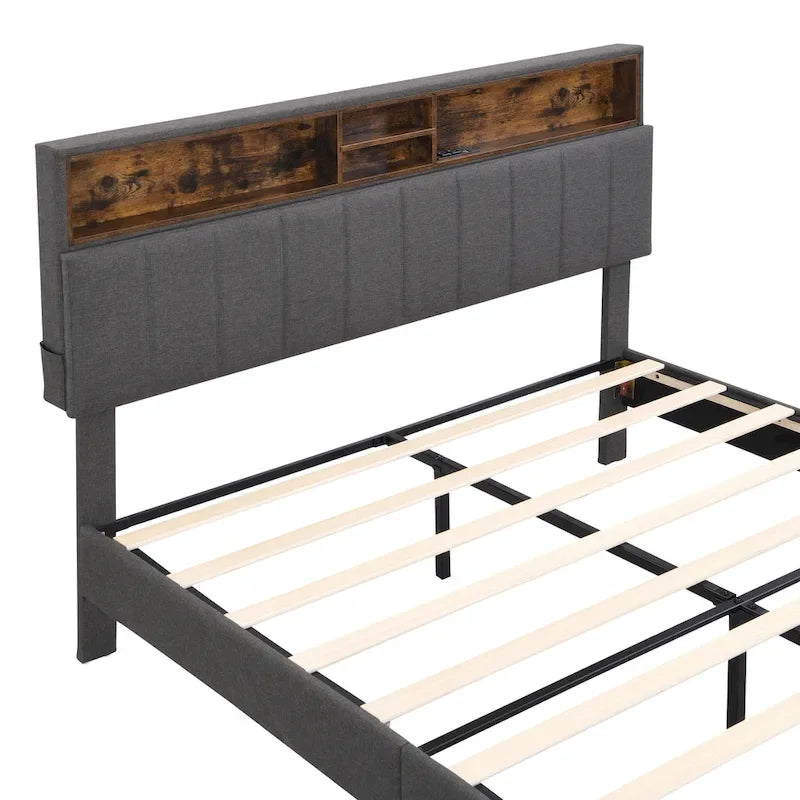 Letto a piattaforma imbottito beige/grigio con testiera contenitore – Matrimoniale/Una piazza e mezza, 1-2 persone