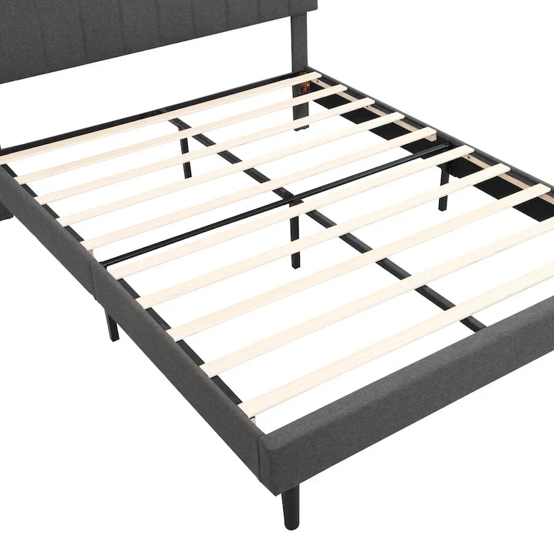 Letto a piattaforma imbottito beige/grigio con testiera contenitore – Matrimoniale/Una piazza e mezza, 1-2 persone