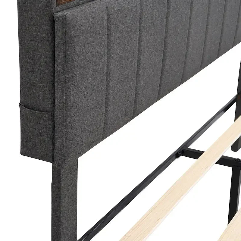 Letto a piattaforma imbottito beige/grigio con testiera contenitore – Matrimoniale/Una piazza e mezza, 1-2 persone