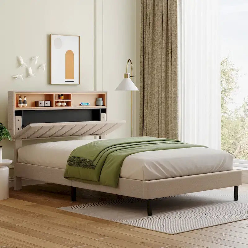 Letto a piattaforma imbottito beige/grigio con testiera contenitore – Matrimoniale/Una piazza e mezza, 1-2 persone