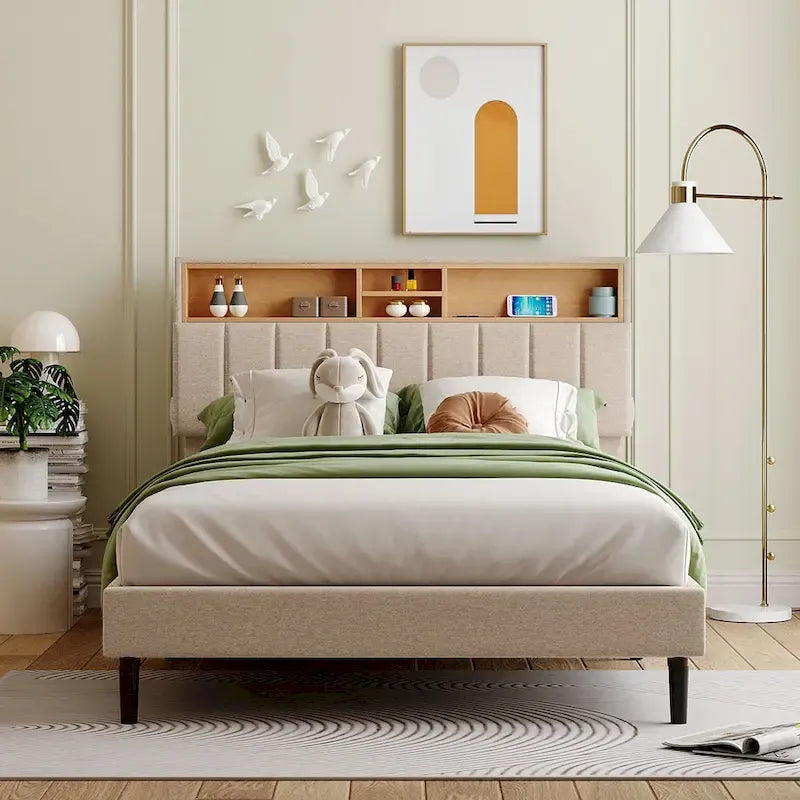 Letto a piattaforma imbottito beige/grigio con testiera contenitore – Matrimoniale/Una piazza e mezza, 1-2 persone