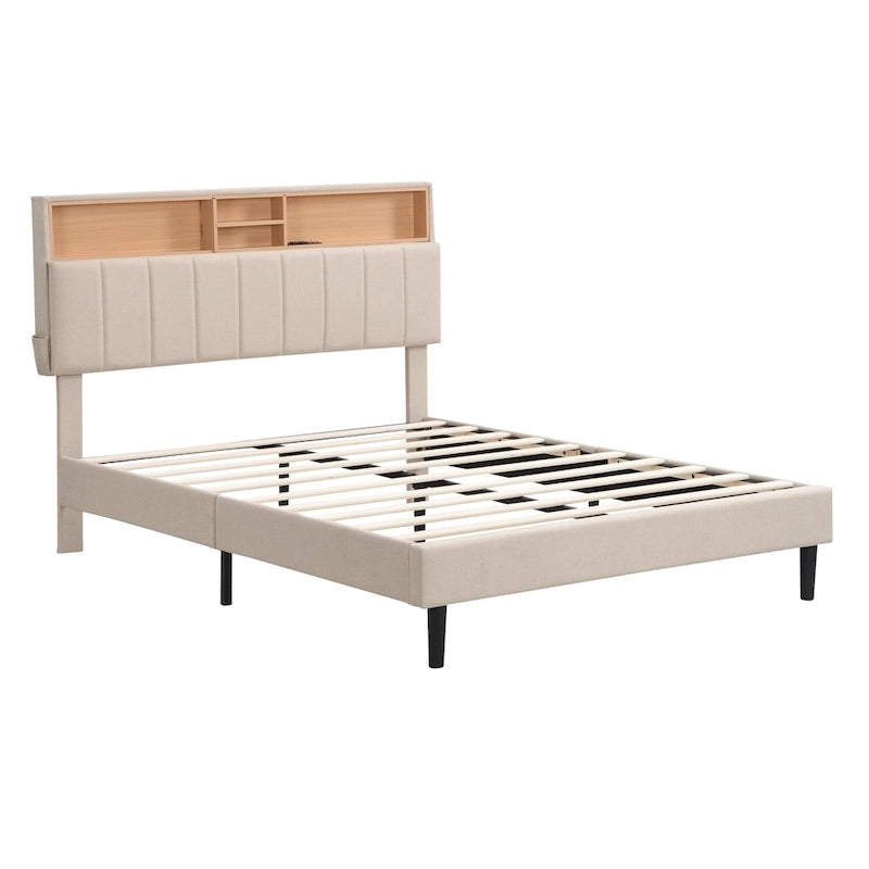 Letto a piattaforma imbottito beige/grigio con testiera contenitore – Matrimoniale/Una piazza e mezza, 1-2 persone