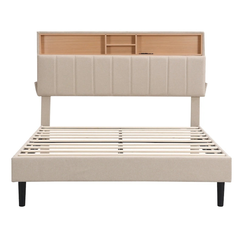 Letto a piattaforma imbottito beige/grigio con testiera contenitore – Matrimoniale/Una piazza e mezza, 1-2 persone