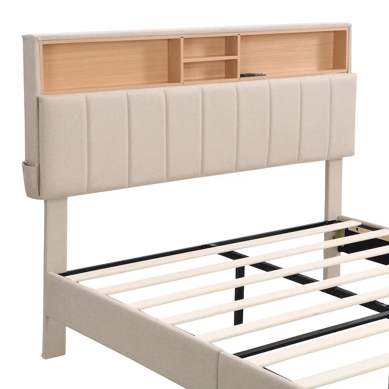 Letto a piattaforma imbottito beige/grigio con testiera contenitore – Matrimoniale/Una piazza e mezza, 1-2 persone