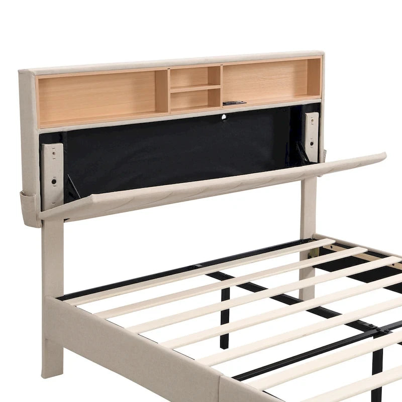 Letto a piattaforma imbottito beige/grigio con testiera contenitore – Matrimoniale/Una piazza e mezza, 1-2 persone