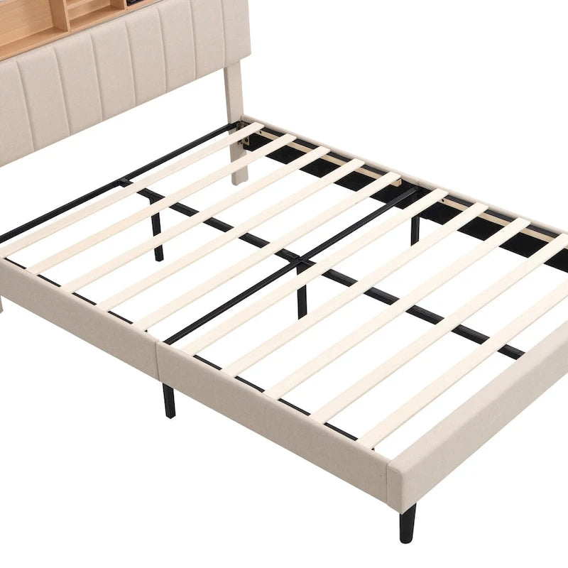 Letto a piattaforma imbottito beige/grigio con testiera contenitore – Matrimoniale/Una piazza e mezza, 1-2 persone