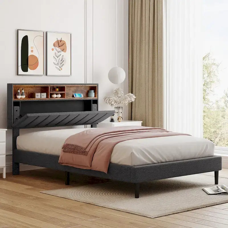 Letto a piattaforma imbottito beige/grigio con testiera contenitore – Matrimoniale/Una piazza e mezza, 1-2 persone