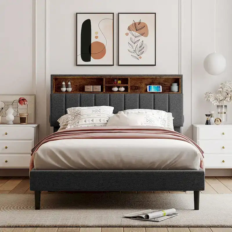 Letto a piattaforma imbottito beige/grigio con testiera contenitore – Matrimoniale/Una piazza e mezza, 1-2 persone