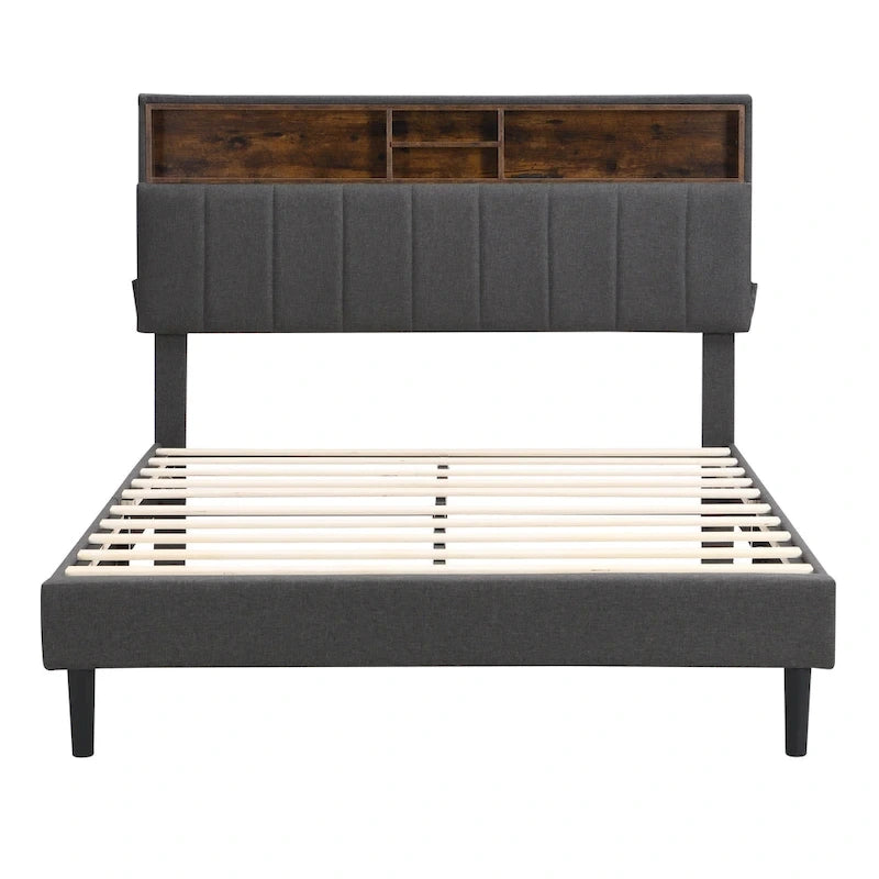 Letto a piattaforma imbottito beige/grigio con testiera contenitore – Matrimoniale/Una piazza e mezza, 1-2 persone