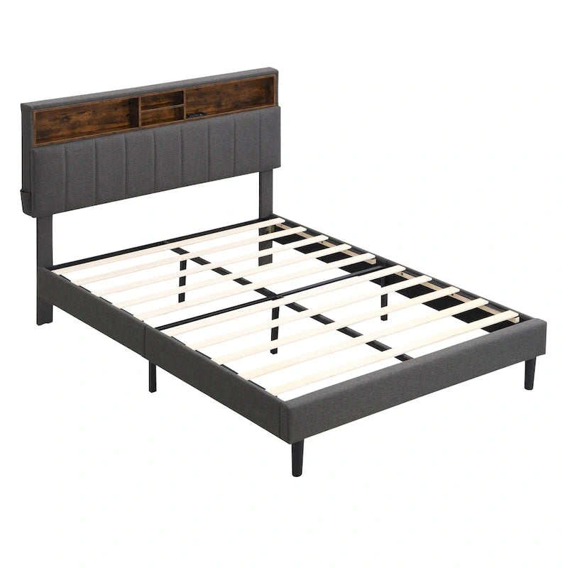 Letto a piattaforma imbottito beige/grigio con testiera contenitore – Matrimoniale/Una piazza e mezza, 1-2 persone