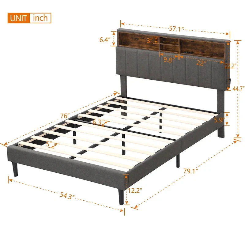 Letto a piattaforma imbottito beige/grigio con testiera contenitore – Matrimoniale/Una piazza e mezza, 1-2 persone