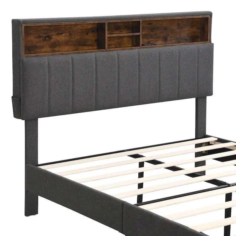 Letto a piattaforma imbottito beige/grigio con testiera contenitore – Matrimoniale/Una piazza e mezza, 1-2 persone