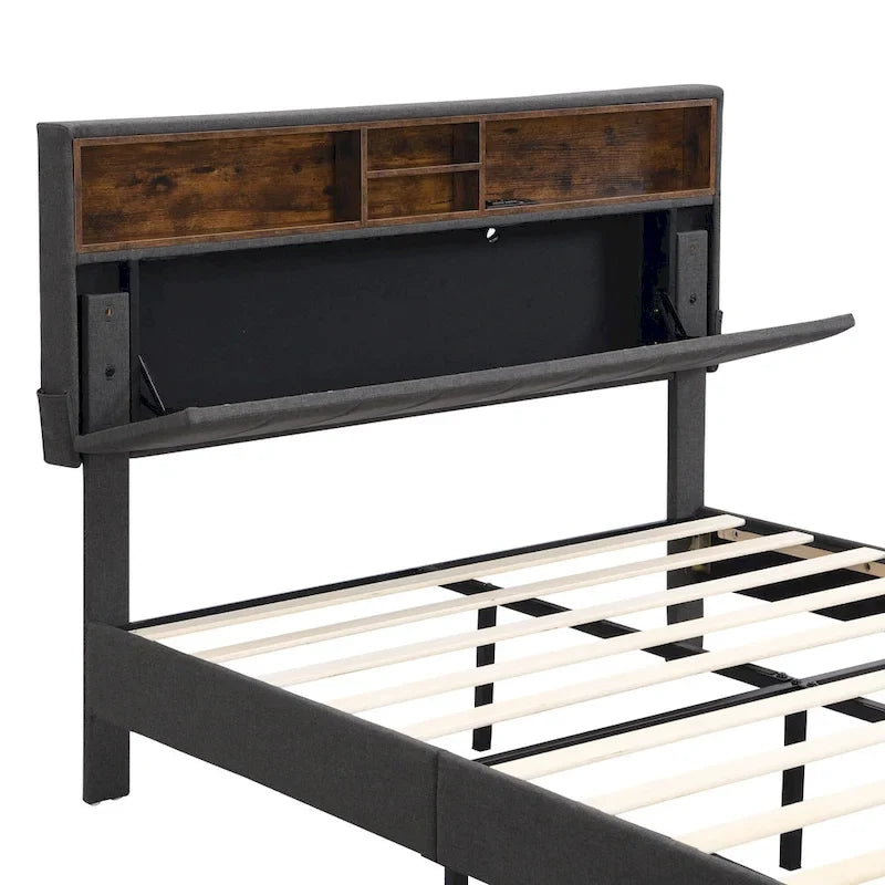 Letto a piattaforma imbottito beige/grigio con testiera contenitore – Matrimoniale/Una piazza e mezza, 1-2 persone