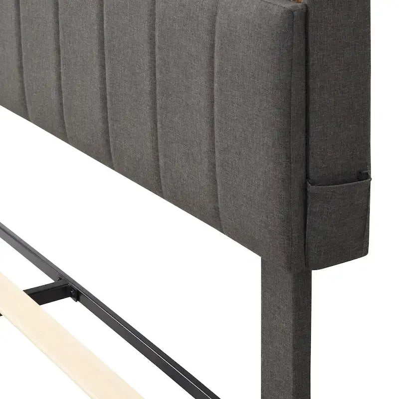 Letto a piattaforma imbottito beige/grigio con testiera contenitore – Matrimoniale/Una piazza e mezza, 1-2 persone