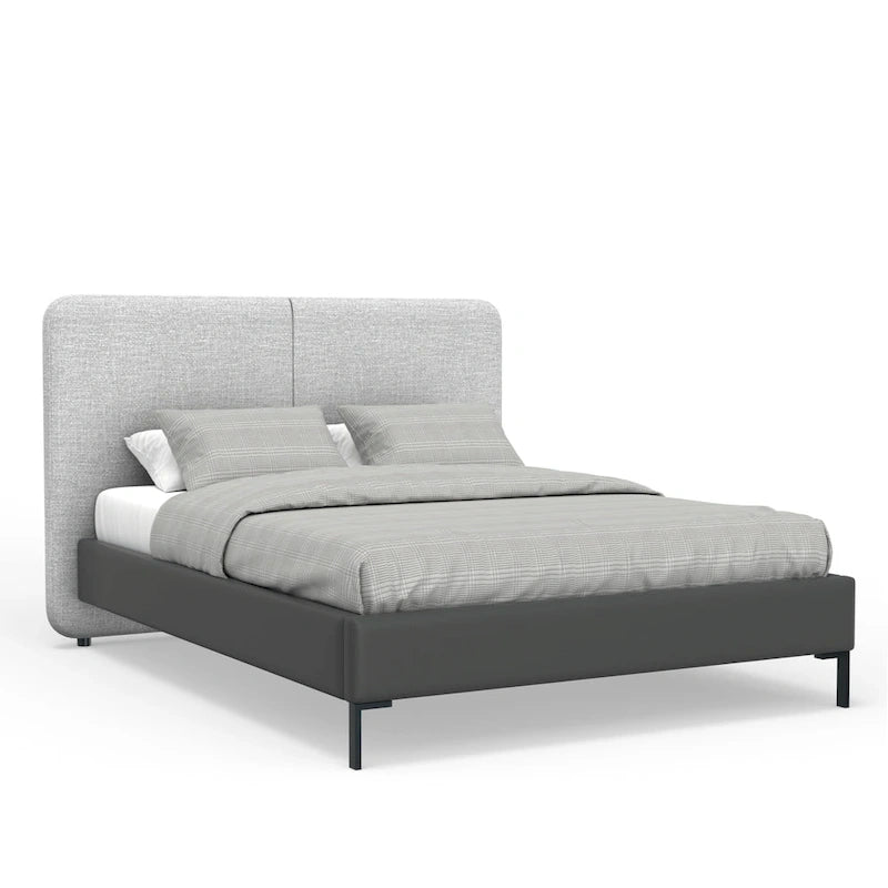Letto a piattaforma dal profilo ribassato in lino grigio e similpelle – Per 1–2 persone