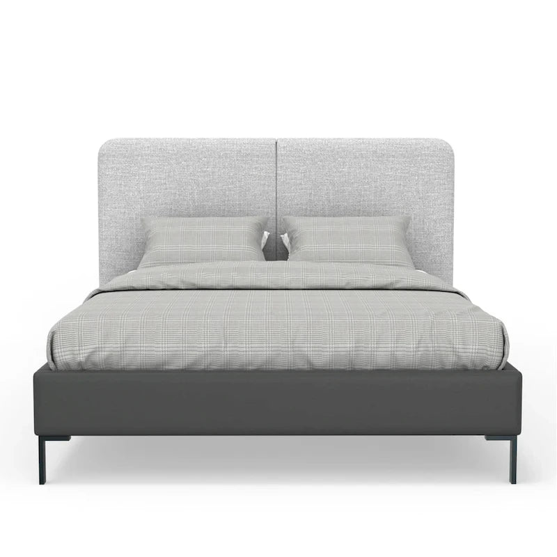 Letto a piattaforma dal profilo ribassato in lino grigio e similpelle – Per 1–2 persone