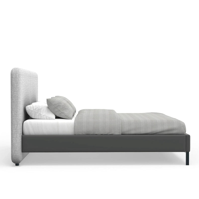 Letto a piattaforma dal profilo ribassato in lino grigio e similpelle – Per 1–2 persone