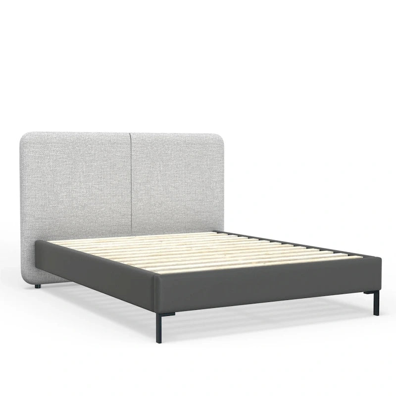 Letto a piattaforma dal profilo ribassato in lino grigio e similpelle – Per 1–2 persone