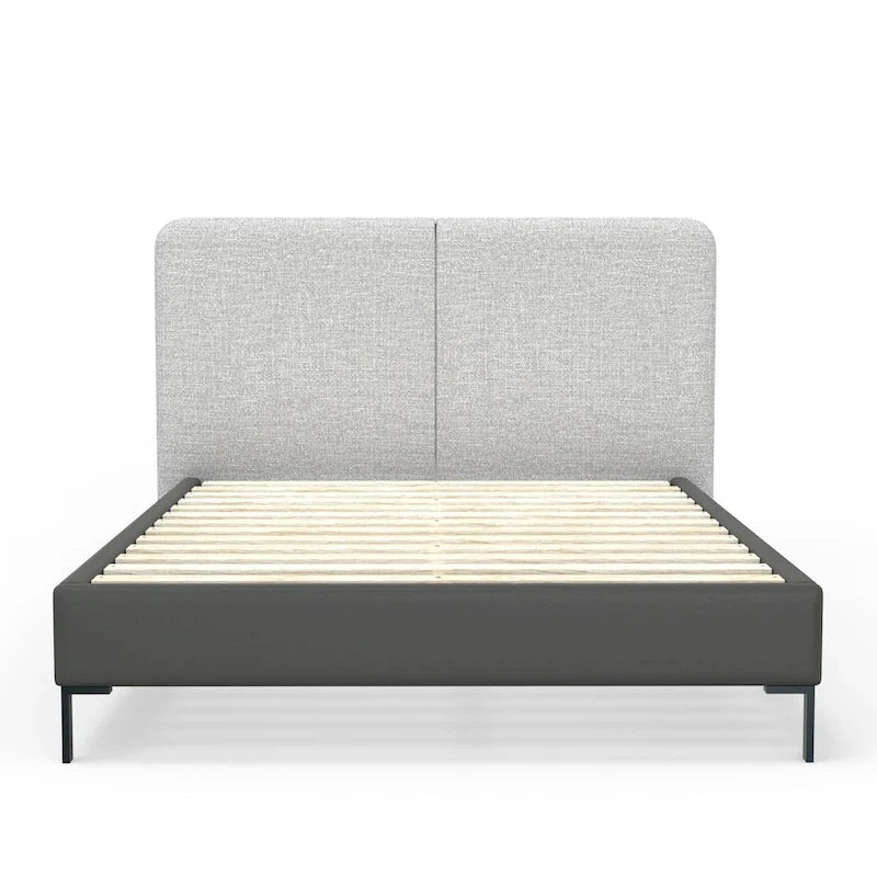Letto a piattaforma dal profilo ribassato in lino grigio e similpelle – Per 1–2 persone