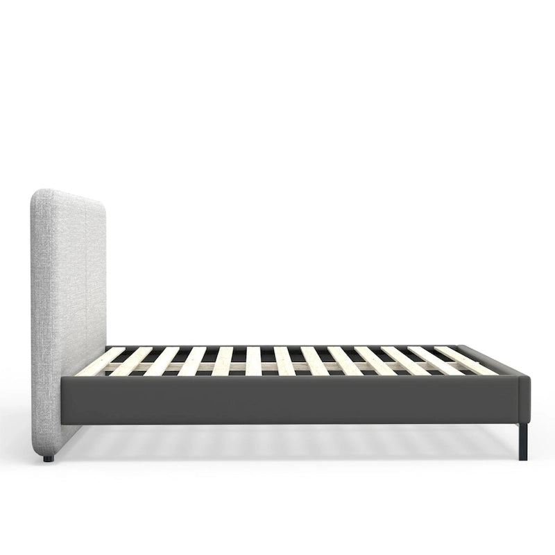 Letto a piattaforma dal profilo ribassato in lino grigio e similpelle – Per 1–2 persone
