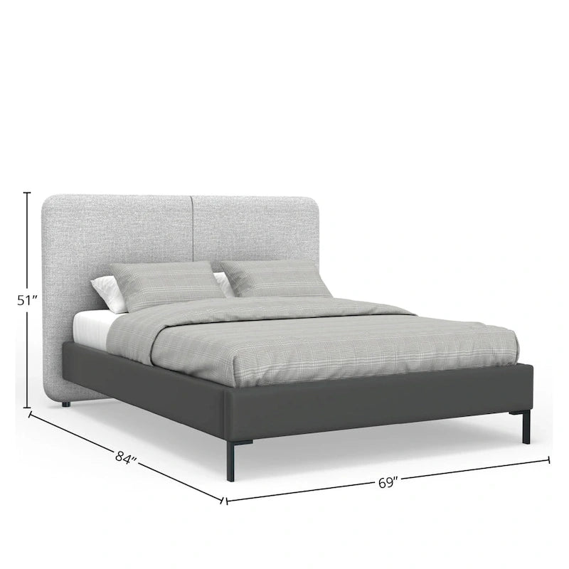 Letto a piattaforma dal profilo ribassato in lino grigio e similpelle – Per 1–2 persone
