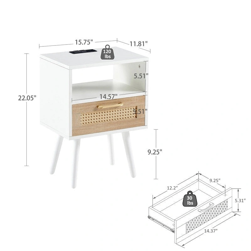 Tavolino in Rattan Naturale/Bianco/Nero con Cassetto, Singolo