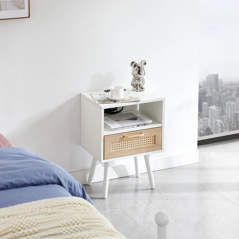 Tavolino in Rattan Naturale/Bianco/Nero con Cassetto, Singolo