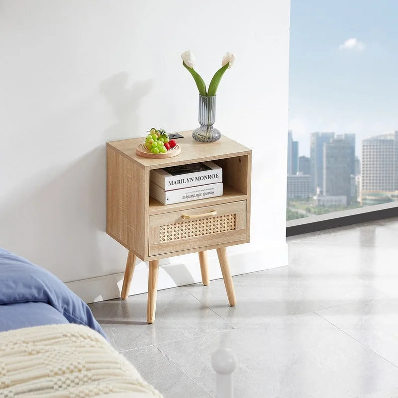 Tavolino in Rattan Naturale/Bianco/Nero con Cassetto, Singolo