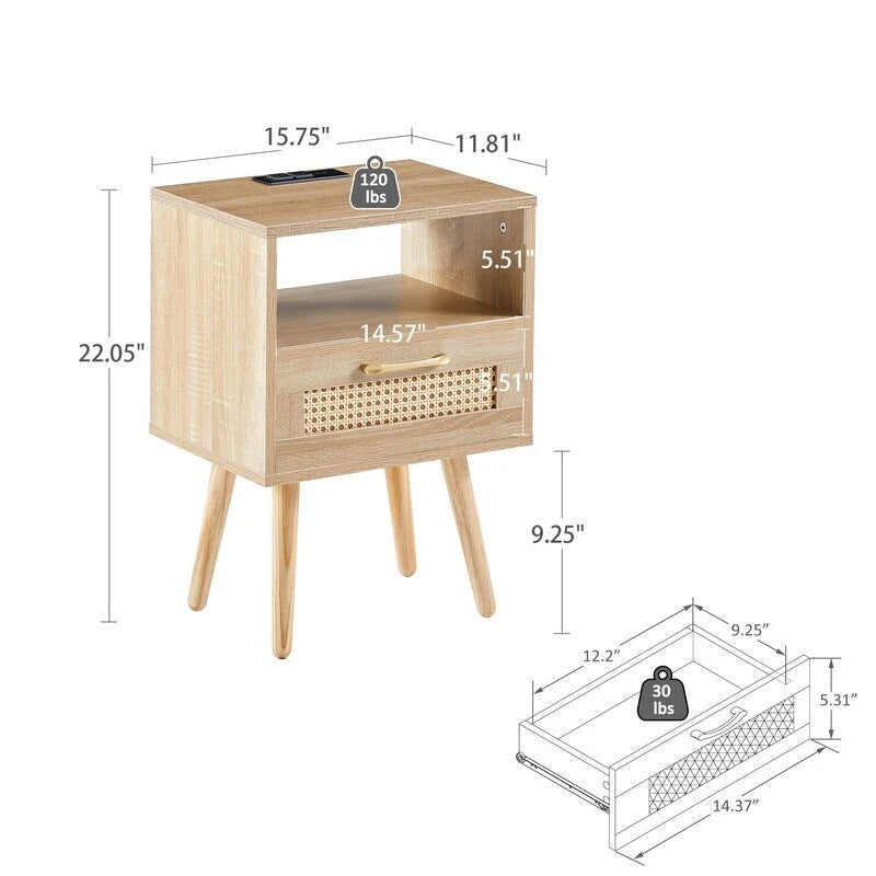 Tavolino in Rattan Naturale/Bianco/Nero con Cassetto, Singolo