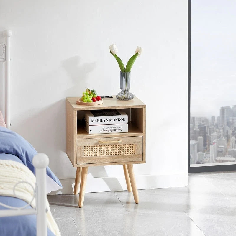 Tavolino in Rattan Naturale/Bianco/Nero con Cassetto, Singolo