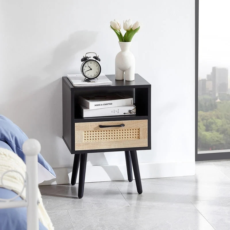 Tavolino in Rattan Naturale/Bianco/Nero con Cassetto, Singolo