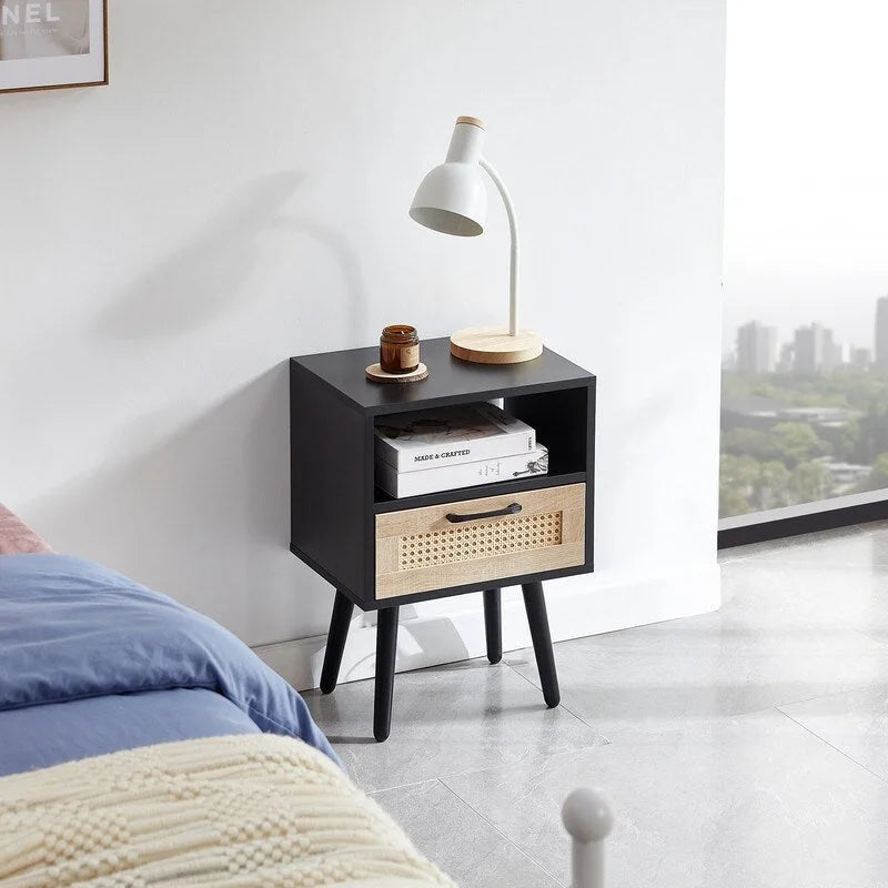 Tavolino in Rattan Naturale/Bianco/Nero con Cassetto, Singolo