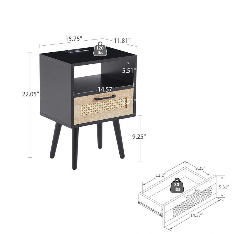 Tavolino in Rattan Naturale/Bianco/Nero con Cassetto, Singolo