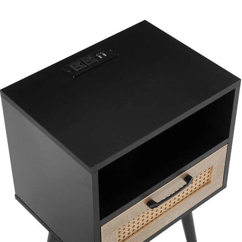 Tavolino in Rattan Naturale/Bianco/Nero con Cassetto, Singolo