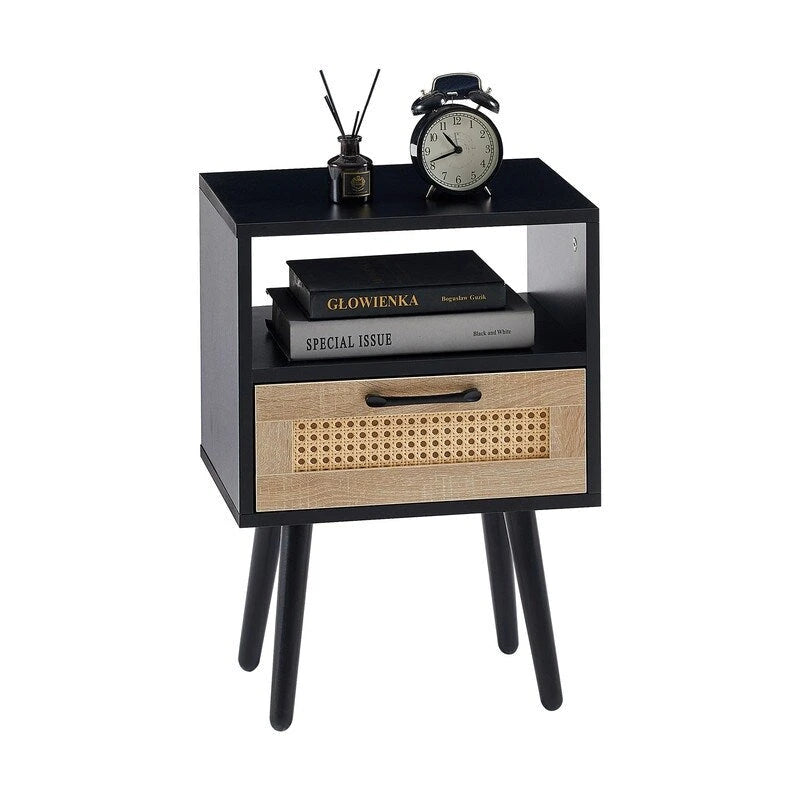 Tavolino in Rattan Naturale/Bianco/Nero con Cassetto, Singolo