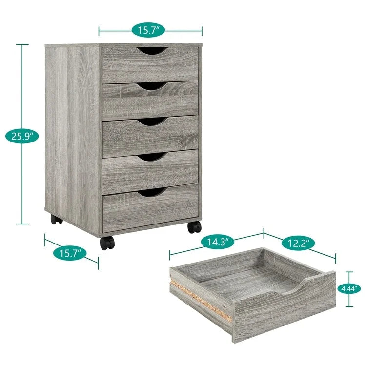 Cassettiera per documenti mobile in legno a 5 cassetti con ruote rimovibili per ufficio
